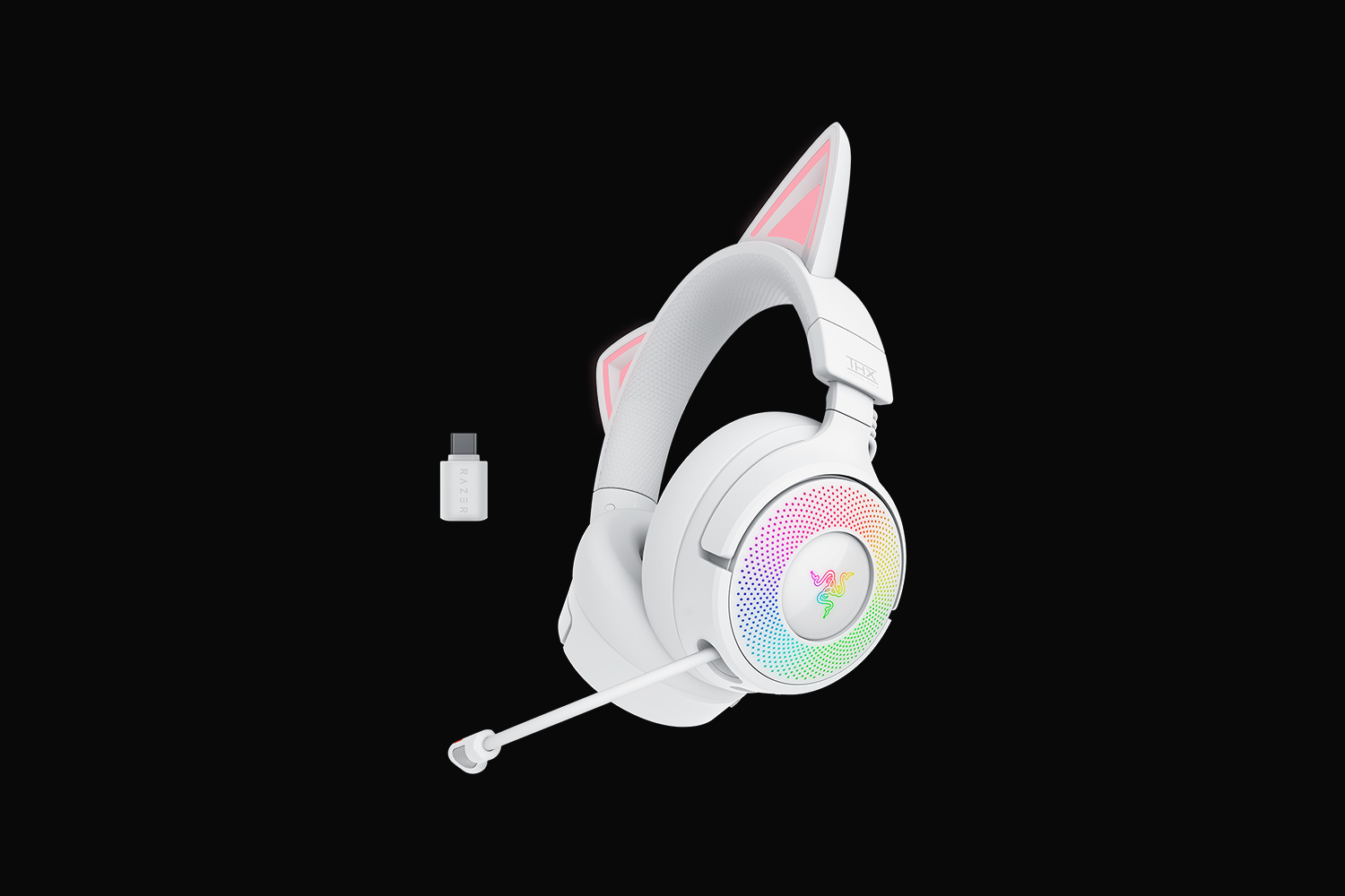 Razer Kraken Kitty V3 Pro White headset with USB-C HyperSpeed wireless dongle