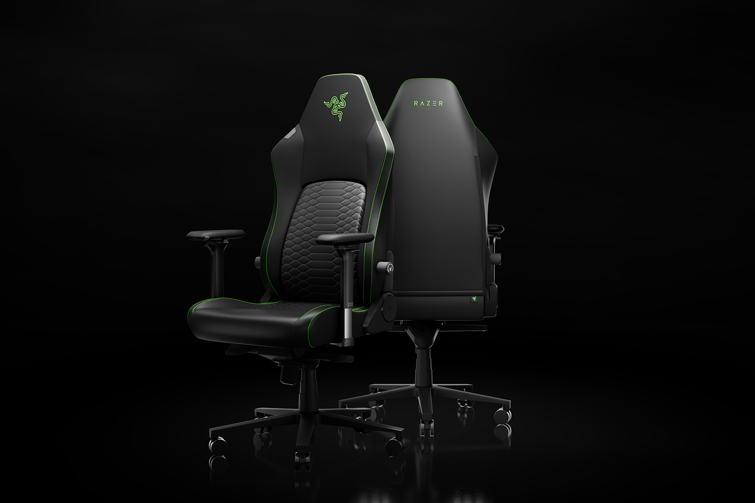 Razer iskur v2 newgen črno zelen gaming stol sprednji in zadnji pogled