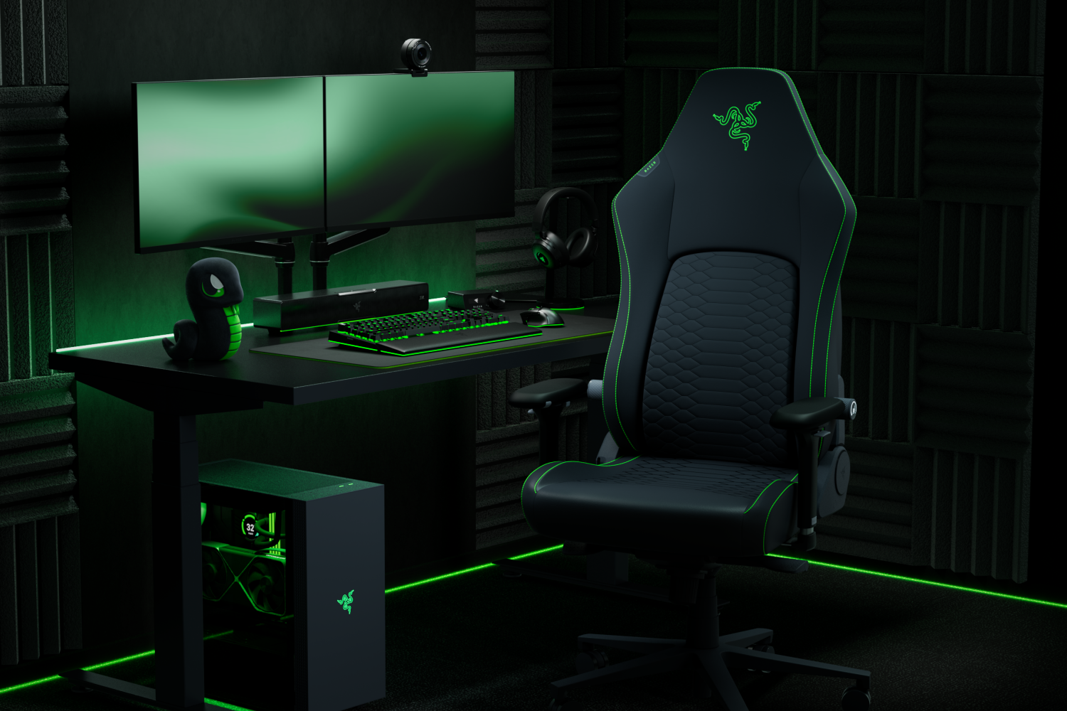 Razer iskur v2 newgen črno zelen stol v gaming setupu