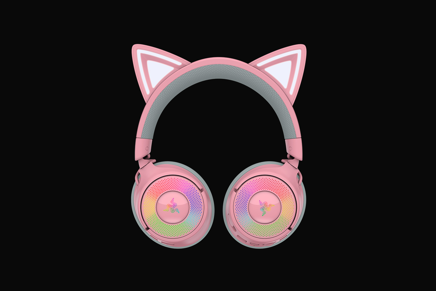 Razer Kraken Kitty V3 Pro Quartz front view with illuminated kitty ears and earcups