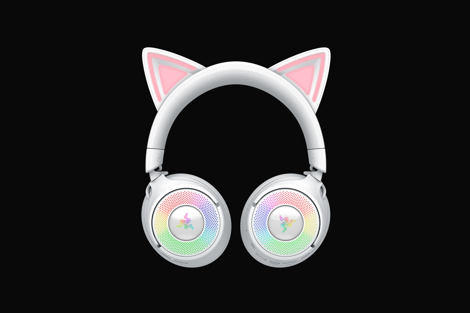 Razer Kraken Kitty V3 Pro White front view with illuminated kitty ears and earcups