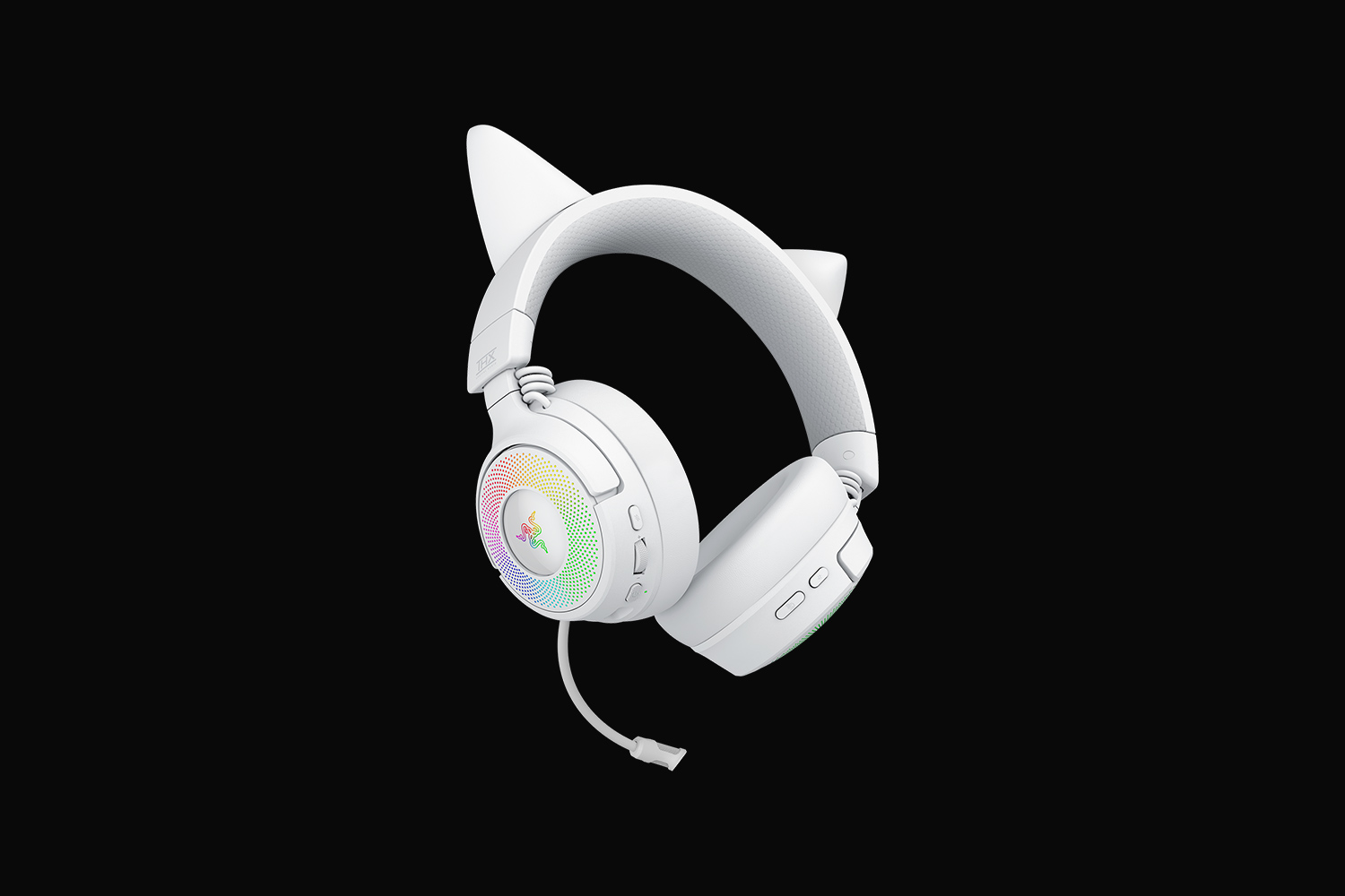 Razer Kraken Kitty V3 Pro White angled view showing the earcup controls